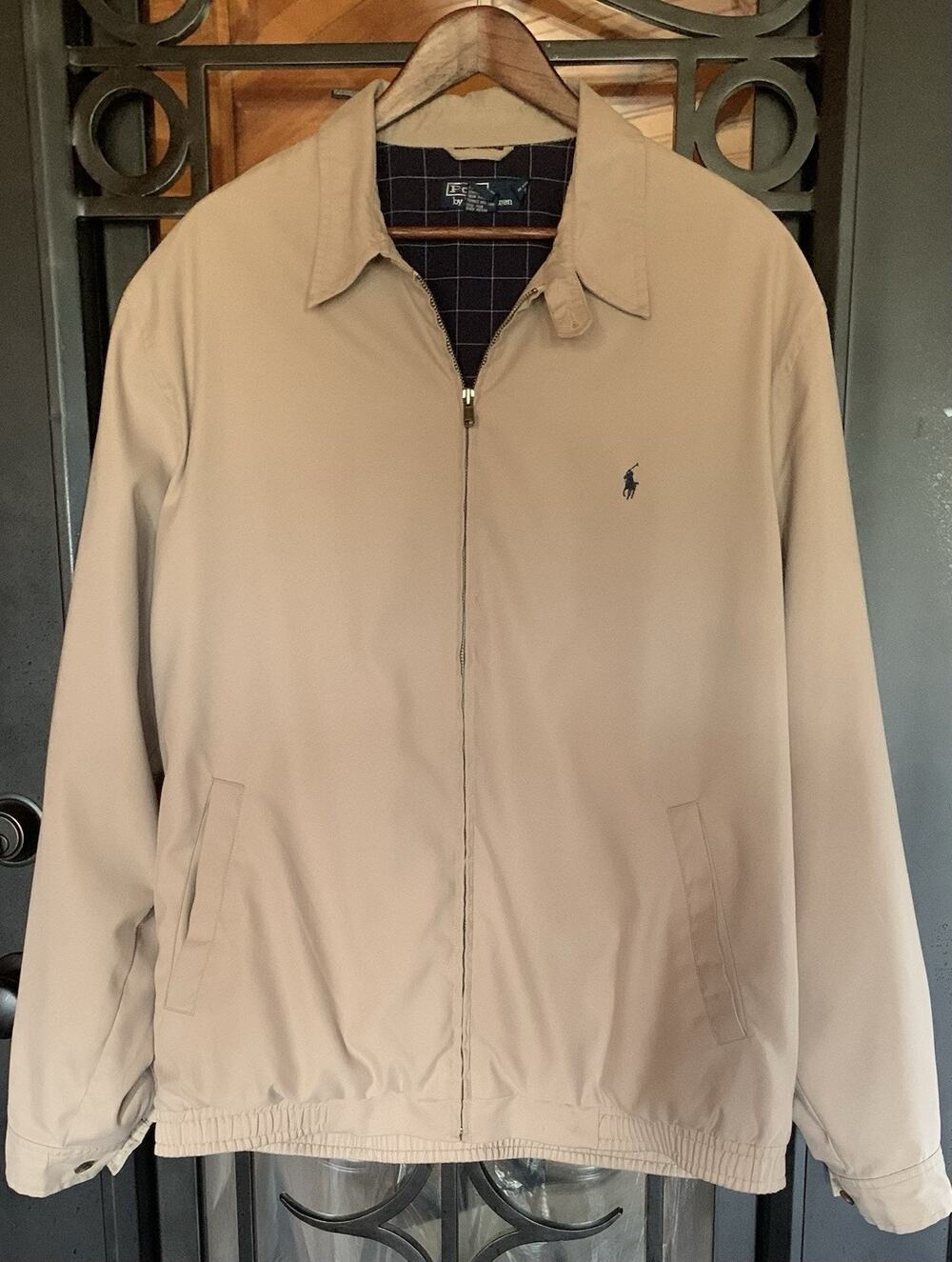 Vintage Polo Ralph Lauren Beige Bi-Swing Jacket Blue Plaid Lined Mens XLT